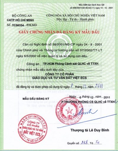 Trung Tâm Giáo Dục Đất Việt được Bộ Công An cấp dấu công ty